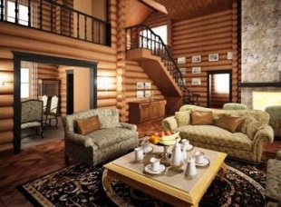 Интерьер гостиной в деревянном доме: дизайн в коттедже, варианты для столовой