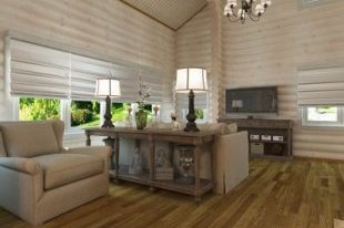 Интерьер гостиной в деревянном доме: дизайн в коттедже, варианты для столовой